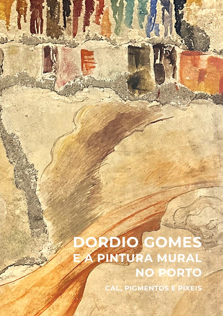 Pintura mural de Dordio Gomes, apresentando uma paleta de cores e detalhes de diferentes casas no Porto.