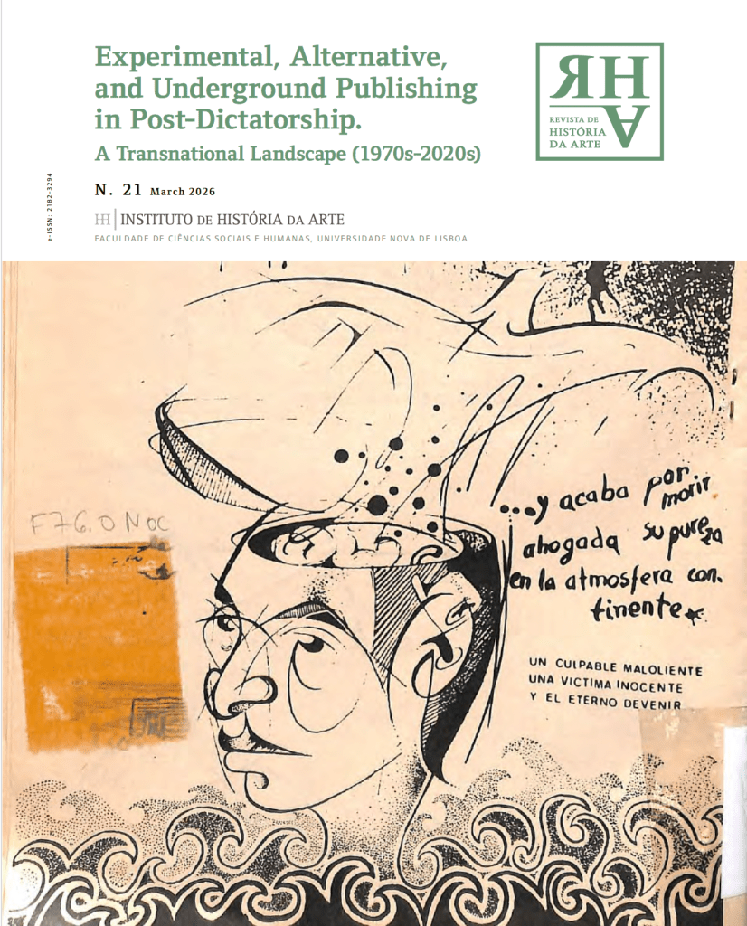 Capa da revista 'Revista de História da Arte', Nº 21, março de 2026, abordando a publicação experimental, alternativa e underground no contexto pós-ditatorial. Inclui uma ilustração estilizada de um rosto humano com elementos gráficos.