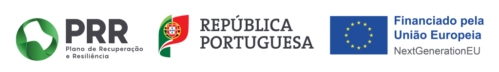 Logos do PRR (Plano de Recuperação e Resiliência), República Portuguesa e União Europeia com a frase 'Financiado pela União Europeia'.